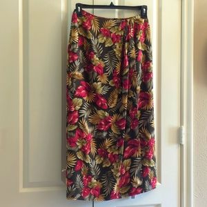 Silk Long Skirt 10 Wrap Tropical Crepe Leaves Palm Fern Wheat Long Vintage